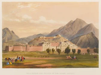 Bala Hissar och Palace of the Schah, Caubul (färgad litografi)