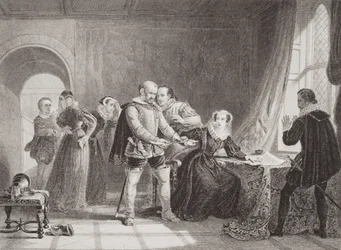 Mary Queen of Scots (1542-87) tvingad att skriva under sin abdikation i Lochleven Castle 1567, från "Illustrations of English and Scottish History", volym I.