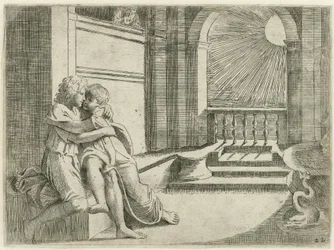 Abimelech ser Isaak Rebekka liefkozen Bijbelse scener (serietitel) Historia del Testamento Vecchio / Målad i Rom i Vatikanen av Raffaelle di Urbin (...) (serietitel)