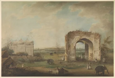 Utsikt över en moské och port vid Motijhil, ca 1814–1823 (ogenomskinlig akvarell på papper)