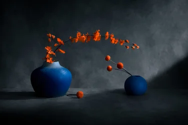 Blå vaser med orange blommor