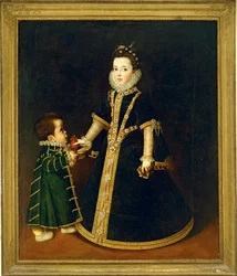 Flicka med dvärg, tros vara ett porträtt av Margarida av Savojen, dotter till hertigen och hertiginnan av Savojen ... (målning på duk)