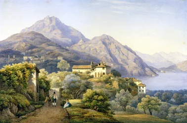 Como. Menaggio. Loveno och berget Groma. 1840. Målning av S. Corrodi. Menaggio, Como. .