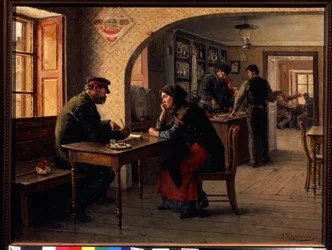 En petition (A petition). På ett kafé pratar en kvinna med en soldat från Röda armén som fyller i ett formulär åt henne. Bakom dem, det vanliga myllret på ett kafé. Målning av Solomon Yakovlevich Kishinevsky (Kishinevsky) (1863-1941), olja