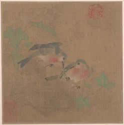 Birds on Fruit Branch (albumblad; tusch och färg på siden)