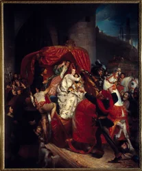 Brygges uppror 1436: ""Hertiginnan av Bourgogne vid portarna till Brygge""" Isabella av Portugal (1397-1471) arresterades tillsammans med sin son Karl Temerary under befästningarna. Målning av Sophie Rude (1797-1867) 1841 Sön. 1,84x1,5 m Dijon, Museum of F