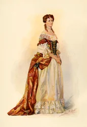 Klänning av röd brokad som bars i Barbados-kolonin c1685, 1903, 1937.