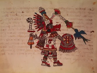 Quetzalcoatl, den plymerade ormen, vindens gud, lärdomen och prästadömet, livets mästare, skapare och civilisator, beskyddare av varje konst och uppfinnare av metallurgin (vellum)