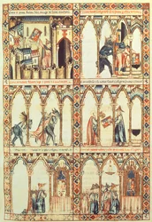 102-0002738 T.I.I. Cantiga 34, illustration från "Cantigas de Santa Maria", gjord under ledning av Alfonso X ("The Wise") kung av Castilla och Leon (1221-84) (vellum) (se även 68647)