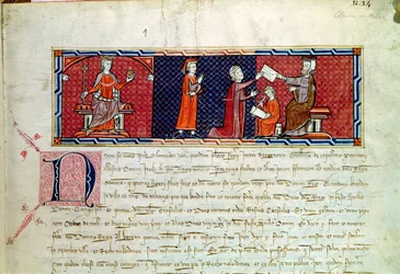 En kvinna som avlägger en ed inför kung James I (1207-76) av Mallorca, från Capbreu de Clayra et de Millas, 1292
