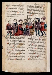 En man presenterar en bok för kungen, miniatyr i "Book of Punishments or Documents for Good Living"