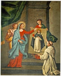 Ett helgon som presenterar ett porträtt av St Dominic för Jungfru Maria (se även 308140)
