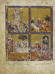 Lägg till. 27210, f.3 Scener från Första Mosebok: Byggandet av Babels torn; Noah skär druvor; Abraham och Sara; Nimrod och Abraham, illustrationer från 