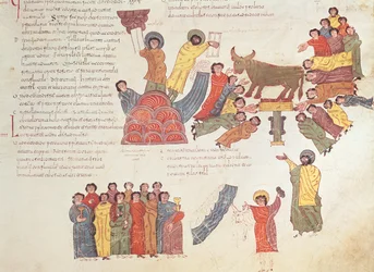 Tillbedjan av den gyllene kalven, från den visigotisk-mozarabiska bibeln från St. Isidores, fol.46r., A.D. 960 (tempera på vellum)