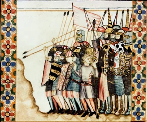 Armee des croises Detalj av en sida hämtad från ett manuskript av Sankta Marias sång (Cantigas de Santa Maria), dekorerande miniatyrer tillägnade Sankta Maria och hennes mirakel, en samling sånger som återupptas under regen av Alfonso X den vise (1221- 128