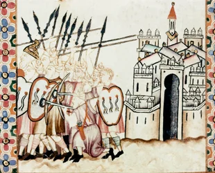 Morernas armé försvarar en stad. Detalj av en sida ur ett manuskript med Sånger till den heliga Maria (Cantigas de Santa Maria), dekorerat med miniatyrer tillägnade den heliga Maria och hennes mirakel, en sångsamling sammanställd under Alfons X den vises