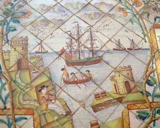 Azulejos-plattor som visar en hamn med fartyg (keramik)