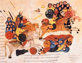 Strid mellan hebréerna och filistéerna, från St. Isidores visigotisk-mozarabiska bibel, fol.119r., A.D. 960 (tempera på vellum)
