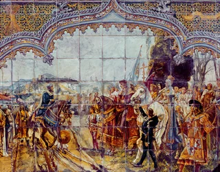Boabdil överlämnar nycklarna till Granada till de katolska kungarna 1492 (keramik)