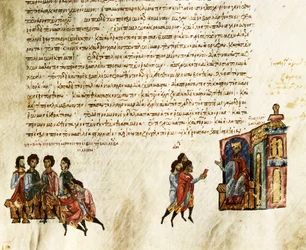 Den bysantinske kejsaren Basil I kallade makedonska (812-886) och tog emot serbiska ambassadörer (miniatyr)