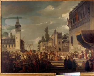 Christopher Columbus presenterar ursprungsbefolkningen på Ferdinand II och Isabella 1:a Kastilien i Barcelona: presentationen av invånarna i Amerika för katolska kungar av upptäcktsresanden Christopher Columbus (1451-1506). Målning av Garcia Ibanez