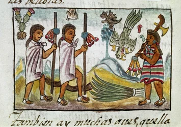 Codex om erövringen av Mexiko: förklädda köpmän i Tzinacantlan. Miniatyr av det florentinska manuskriptet "Storia degli Aztechi" (Aztekernas historia) av Bernardino de Sahagun