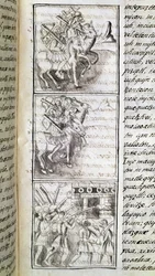 Codex om erövringen av Mexiko: spanjorerna redo att anfalla staden Tenochtitian. Miniatyr av det florentinska manuskriptet "Storia degli Aztechi" (Aztekernas historia) av Bernardino de Sahagun