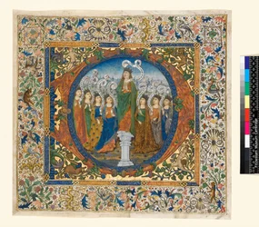 Collage med historiserad initial och bård från en körpsalter, ca 1482-1492 (pergament)