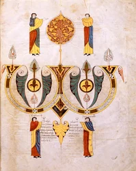 Kolofon av den visigotisk-mozarabiska bibeln av St. Isidores, med porträtt av de två miniatyristerna, Florencio och Sancho, fol.514r., A.D. 960 (tempera på veläng)