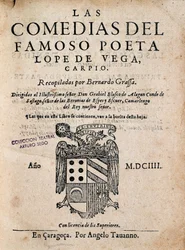 Omslag till den berömda poeten Lope de Vegas komedier, av Felix Lope de Vega Carpio (1562-1635), upplaga av 1604 (tryckt monografi)