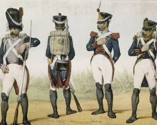 DE SOTTO, Serafin Maria, Earl of Clonard (1793 - 1862). Historia organica de las armas de Infanteria y Caballeria espanolas. 1851 - 1859. Infanterister under Ferdinand VII:s regeringstid i Spanien. Grenadjär, skyttesoldat, sergeant och jägare (1815-1820). 