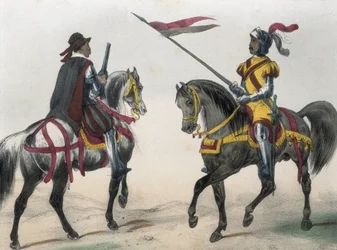 DE SOTTO, Serafin Maria, Earl of Clonard (1793 - 1862). Historia organica de las armas de Infanteria y Caballeria espanolas. 1851 - 1859. Kavallerister under Phillip II av Spaniens regeringstid. "Heraldo de caballeria" (vapenherold) och "hombre de armas" (