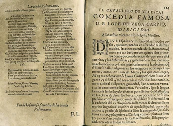 ESPINEL, Vicente (1550-1624). Spansk musiker och klassisk poet; VEGA CARPIO, Felix Lope de (1562-1635). "El cavallero de Yllescas", komedi som ingår i "Parte catorze de las comedias de Lope de Vega", sammanställning utgiven i Madrid av änkan efter Fernan