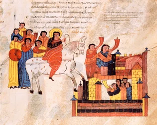 Kung Davids intåg i Jerusalem till trumpetklang, ur Sankt Isidorus visigotisk-mozarabiska bibel, fol. 135r., 960 e.Kr.