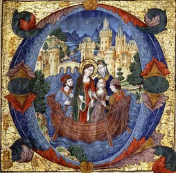 Kvinnligt helgon i en båt med ett höviskt par och två båtsmän, inom en stor historisk initial "O", tidigt 1900-tal
