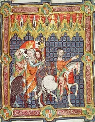 Fol. 10r Alfons VII (1105-57) och hans hustru, Berenguela av Barcelona, förs till ett möte med ärkebiskopen, ur ett manuskript som skildrar kröningarna av kungarna av Aragonien och Kastilien