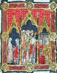 Fol. 13r: Kröningen av kungarna av Aragonien och Kastilien: Alfons VII (1105-57) frambär gyllene bröd i närvaro av ärkebiskopen av Toledo, ur Libro de los Testamentos