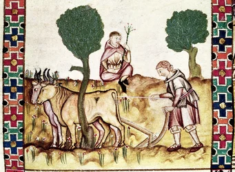 Fol.237r En bonde som lärde sin son att plöja en åker