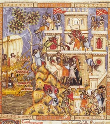 Fol.30r Grekernas landstigning, belägringen av Tenedos slott och försvararnas död, från Codex Benito Santa Mora