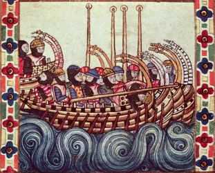 Fol.53r Departure of a Boat for the Crusades, skriven på galaciska för Alfonso X (1221-84)