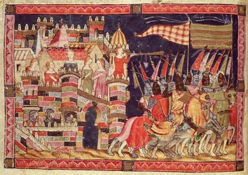 Fol.86v The Trojans Leaving for Battle, från Codex Benito Santa Mora