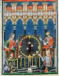 Fol.89v Fyra arabiska backgammonspelare, från spelboken, schack, tärningar och brädor, 1282