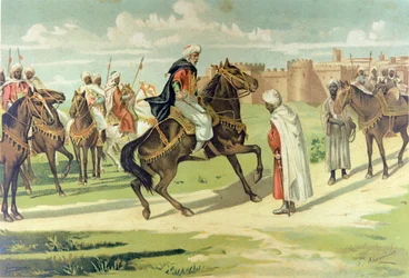 General Muza Ibn Nusayr piskar sin ställföreträdare Tarik för att denne inte lydde hans order under erövringen av Andalusien och Extremadura (färglitografi)