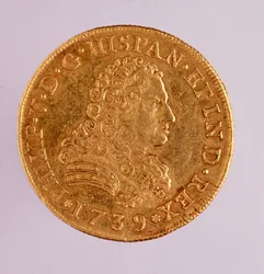 Guldmynt (8 ecu) från Spanien: Filips (Filippo eller Philippe) V:s regeringstid (1700-1746). 1739 Diam. 3,6 cm Neapel, museo archeologico