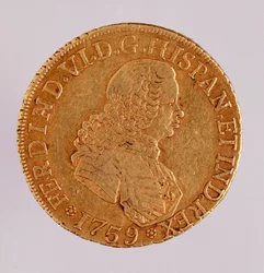 Guldmynt (8 ecu) från Spanien: Ferdinand VI:s regeringstid (1746-1759). 1759 Diameter. 3,5 cm Neapel, arkeologiskt museum