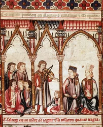 Grupp av trubadurer, illustration från “” Cantigas de Santa Maria”””, gjord under ledning av Alfonso X (”Den vise”) kung av Kastilien och Leon (1221-84) - Kungens hov och musikerna. miniatyr från ett manuskript av Sankta Marias sång (Cantig