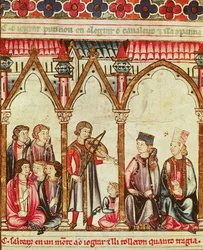 Grupp av trubadurer, illustration ur Cantigas de Santa Maria, utförd under ledning av Alfonso X (den vise), kung av Kastilien och León (1221-84)