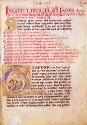 Historierad initial "Q" med tre drakar, första sidan i pilgrimsguiden till Sankt Jakob av Compostela, ur "Codex Calixtinus"