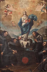 Obefläckad befruktning med trädgårdsfranciskaner. Körens ursprung. Signerad vänster nere "ADEVOZION DE DA TERESA, Sanchez Yepros ?". 1700-talet. Juan Sánchez.
