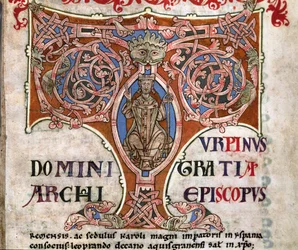 Initial T med en avbildning av Karl den Store, illustration från Codex Calixtinus, ca 1140